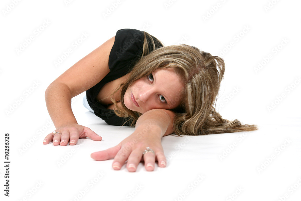 sexy woman in black shirt crawling on floor Stock Photo Adobe Stock