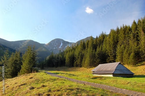 Path in polish Tatra mountains with small shelter