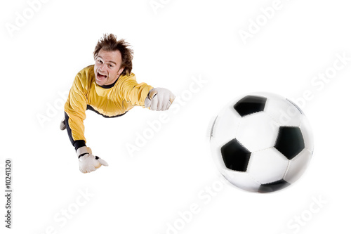 Young goalkeeper in action. Full isolated studio picture © PictureArt