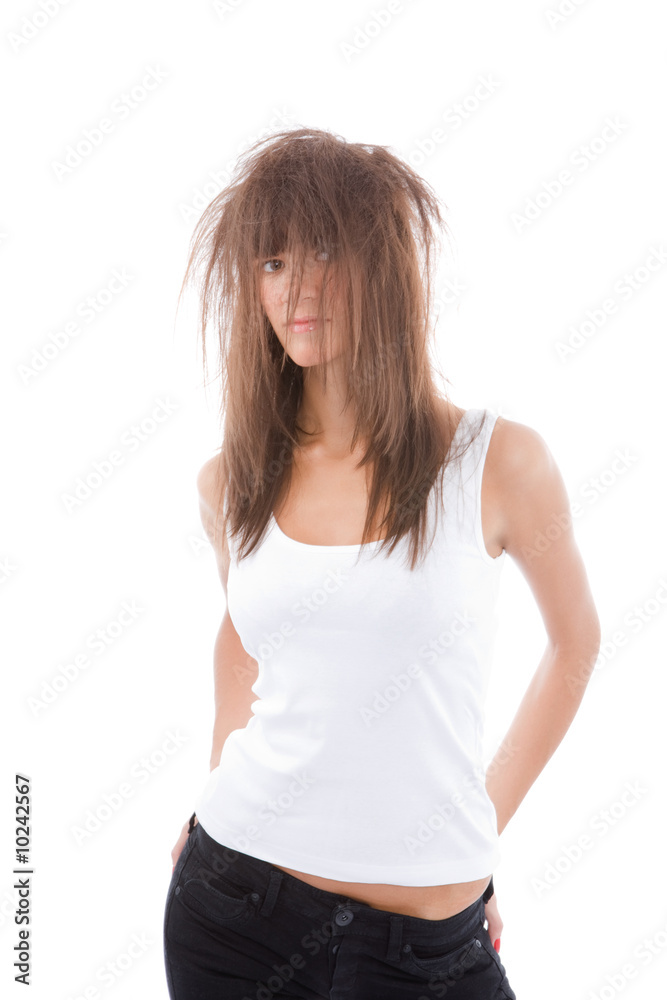 Young woman poses over white