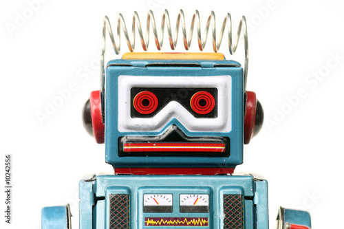 metallic toy-robot, on white