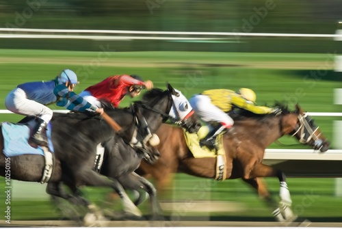 Three racing horses in fierce competition for the finish line