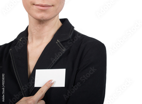 The girl specifies in the card on a white background photo