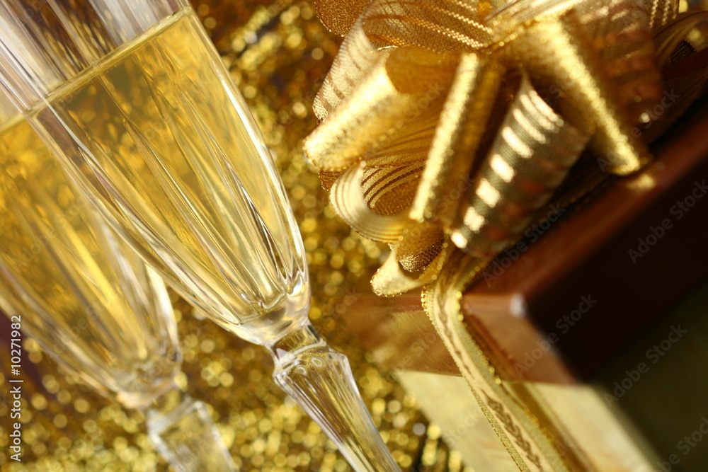 holiday card golden champagne and gift holiday card golden champagne and gift