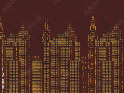 Cityscape laquered woodburning or marquetry on dark wood photo