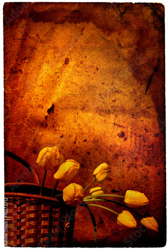 The leaf of the post paper decorated by a basket with tulips