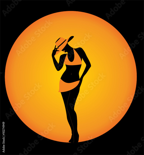 Silhouette of the girl in an elegant hat on a decline. Vector