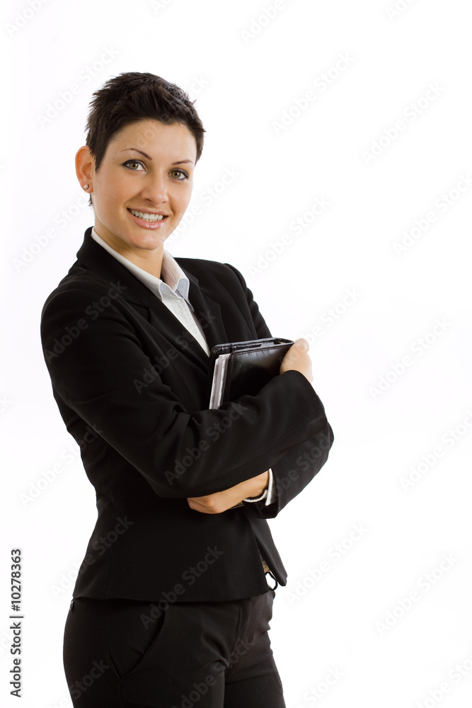 Happy businesswoman with notebook, smiling, isolated on white. Happy businesswoman with notebook, smiling, isolated on white.