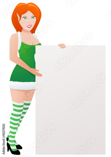 Elfe en robe verte présente un panneau à droite (détouré)