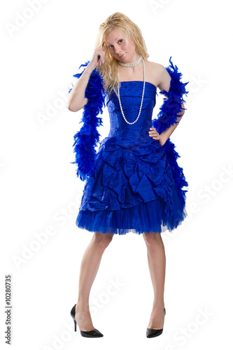 Girl in a dark blue evening dress isolated on a white background