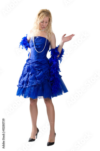 Girl in a dark blue evening dress isolated on a white background