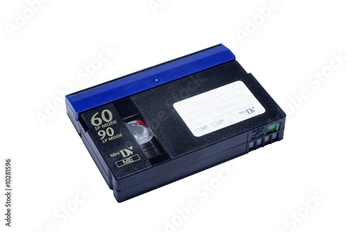 Mini DV cassette isolated on white background. photo