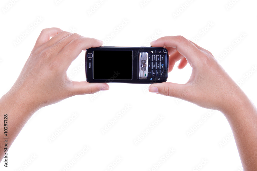 woman holding mobile phone isolated on white background woman holding mobile phone isolated on white background