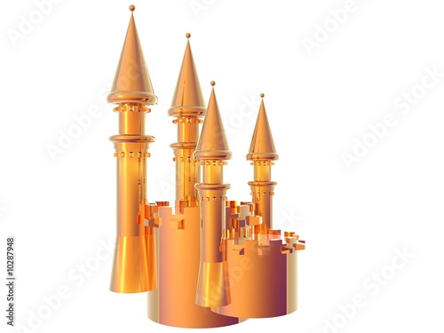 3D illustration of a gold castle battlement