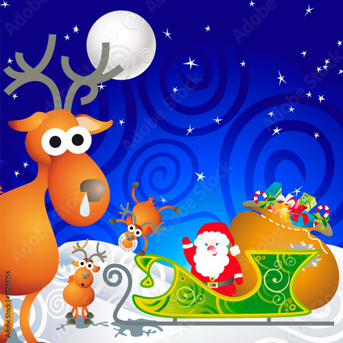 cartoon illustration with Santa, his sleigh and his reindeer