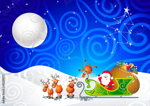 cartoon illustration with Santa, his sleigh and his reindeer