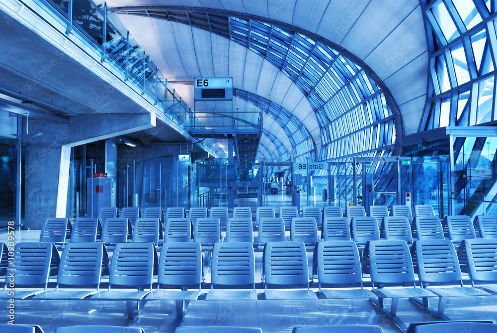 Fototapeta premium Modern airport lounge. Toned cold.