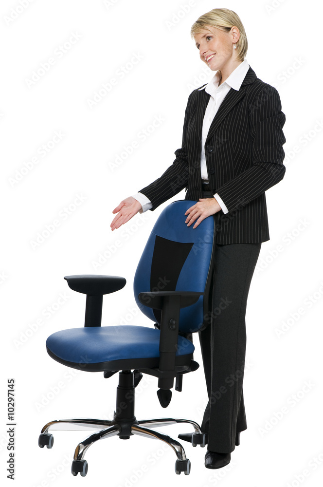 young business woman standing with chair on white young business woman standing with chair on white