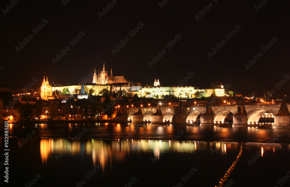Prague castle and Charles Bridge by night