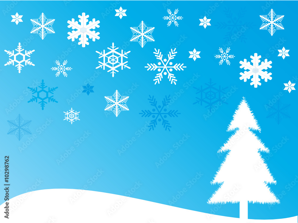 Christmas tree and snowflakes on light blue background