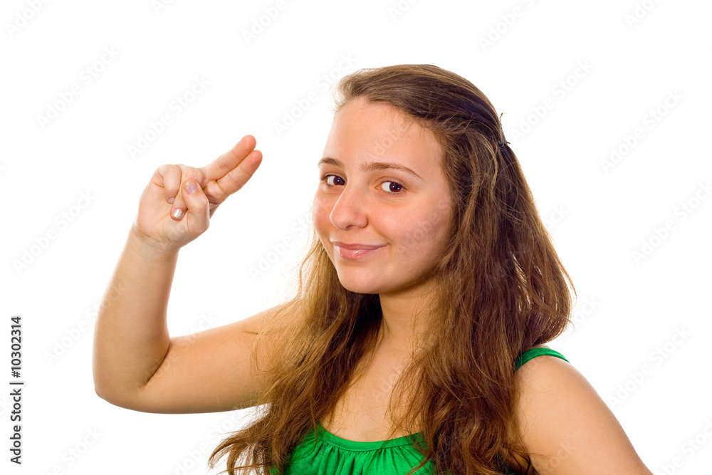Beautiful girl wearing a green dress saluting to the camera Beautiful girl wearing a green dress saluting to the camera