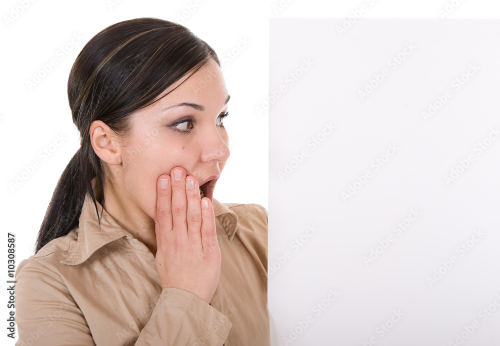 attractive brunette woman holding blank board. attractive brunette woman holding blank board.