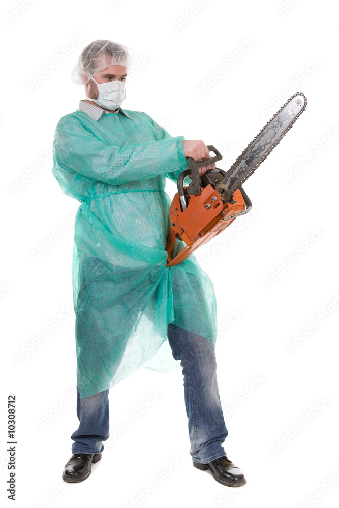 bad doctor isolated on white background with diesel saw bad doctor isolated on white background with diesel saw
