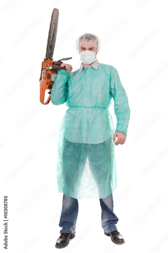 bad doctor isolated on white background with diesel saw bad doctor isolated on white background with diesel saw