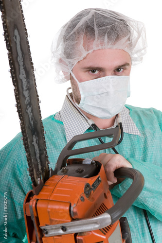 bad doctor isolated on white background with diesel saw