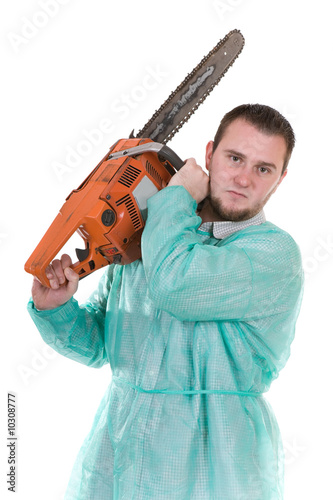 bad doctor isolated on white background with diesel saw photo