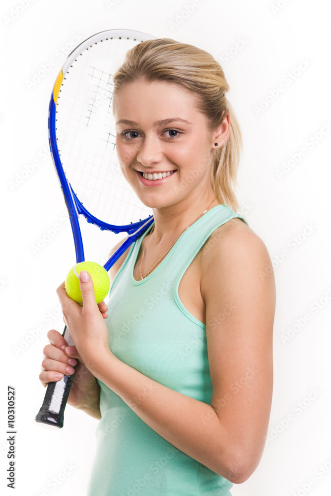 Portrait of happy tennis player with racket and ball Portrait of happy tennis player with racket and ball