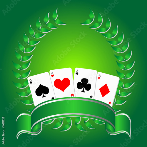 Playing cards with ribbon and laurel crown