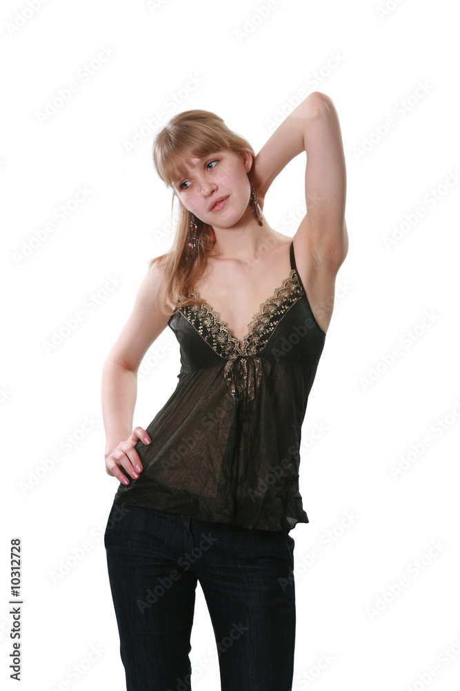 The young woman poses on a white background The young woman poses on a white background