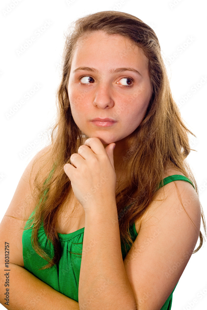 Beautiful woman thinking and touching her chin Beautiful woman thinking and touching her chin