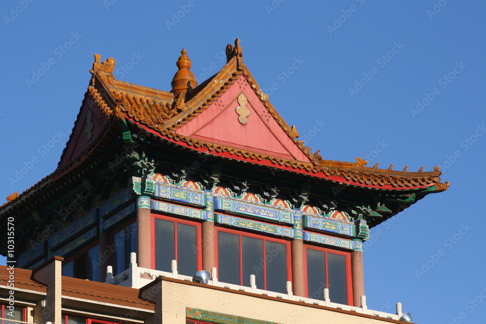A roof top landmark showing Montreal's Chinatown