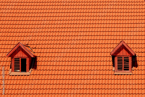 Orange roof tile in carpathians castle with two windows