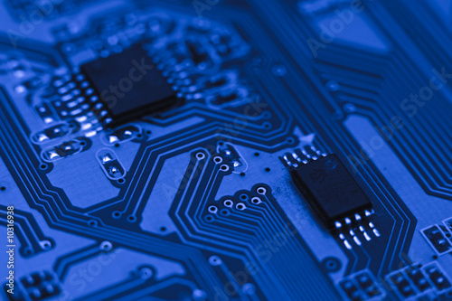 Electronic circuit - blue computer board with chips