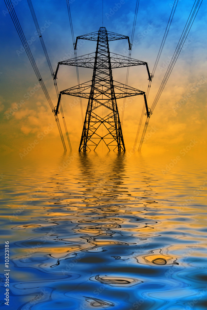 Silhouette of electricity pylon with flooded water effect