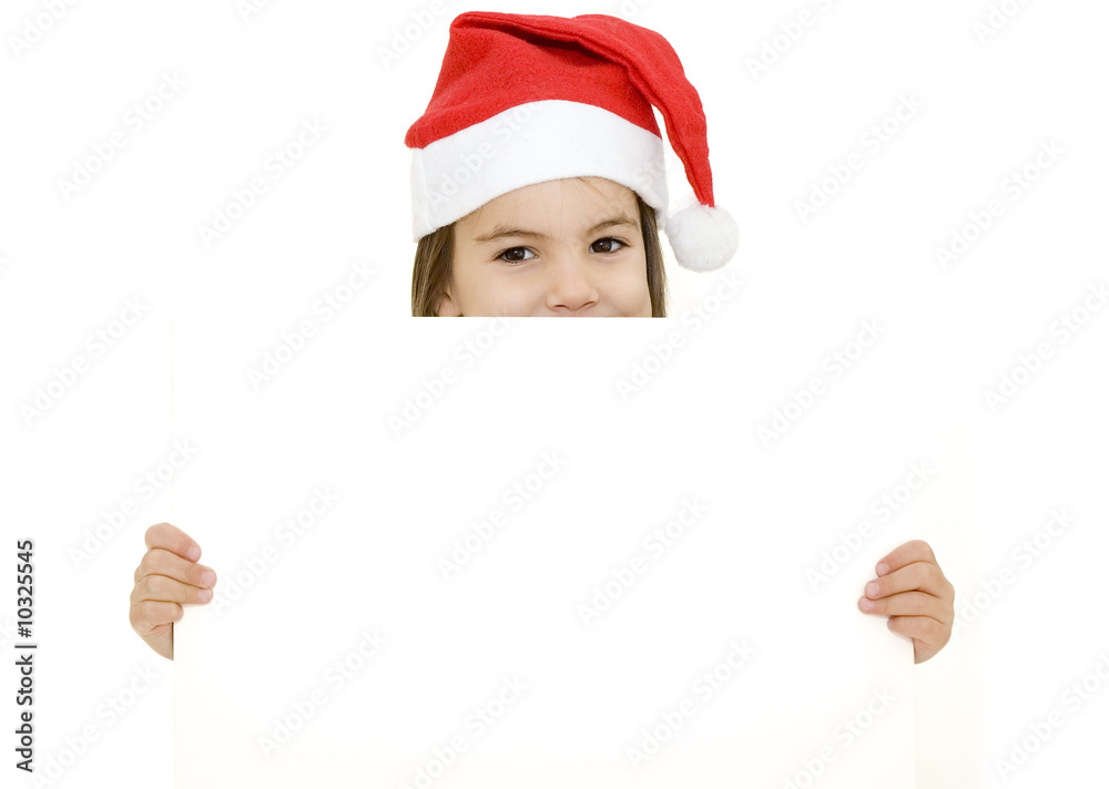 little girl with santa hat holding a white banner