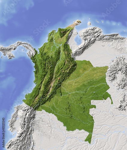 Colombia. Shaded relief map, colored for vegetation.