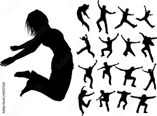 Some silhouettes of jumping girls and boys