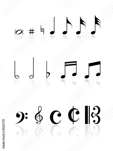 Musical note set with reflections