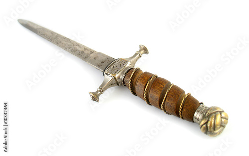 Sword short vintage with wooden handle on white