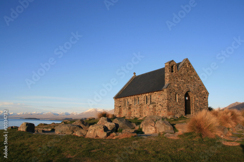 The Church of the Good Shepard lit by a golden sunset
