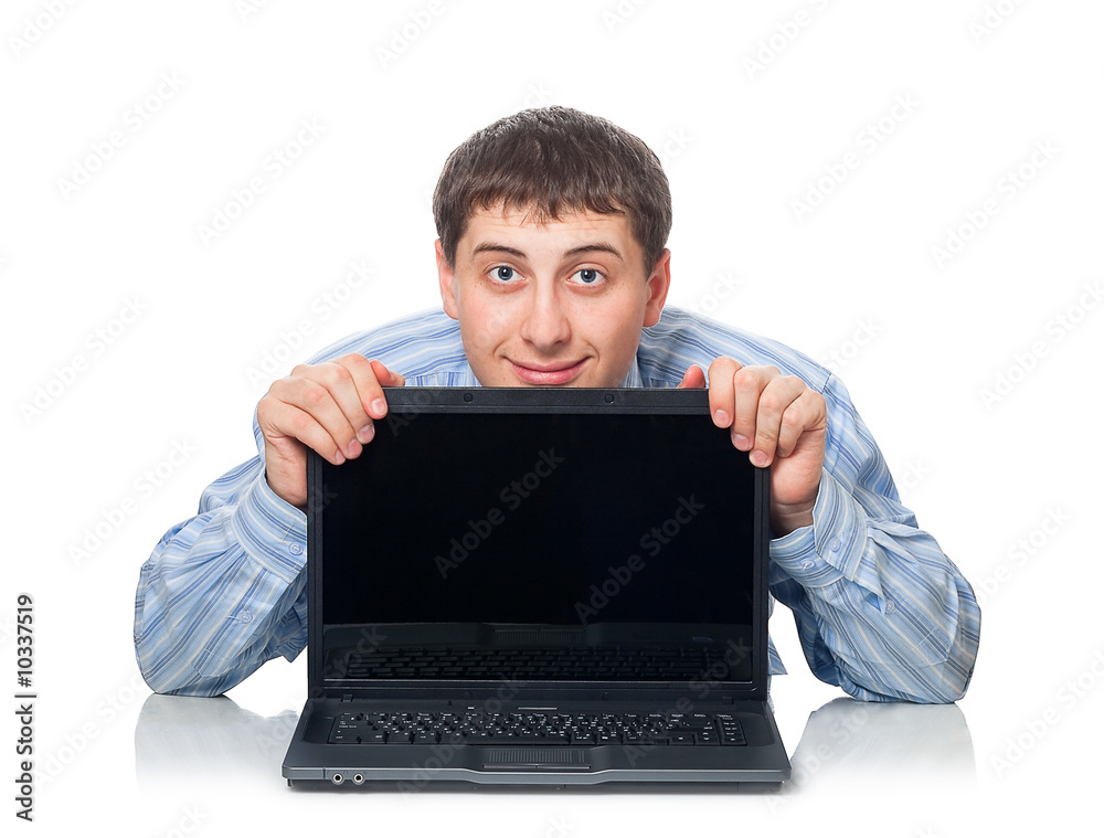 young adult man behind the laptop, isaolated on white background young adult man behind the laptop, isaolated on white background