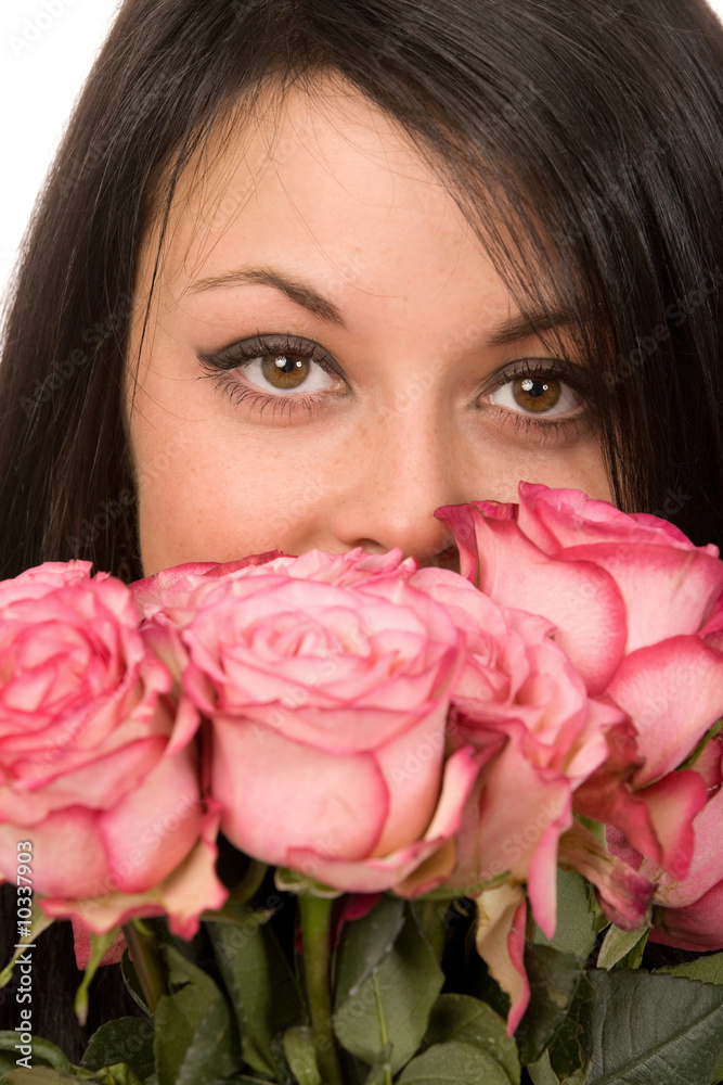 beautiful woman with roses on a white background beautiful woman with roses on a white background