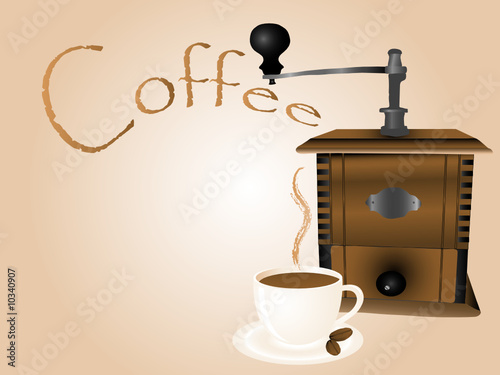 Old wooden coffee mill and cup