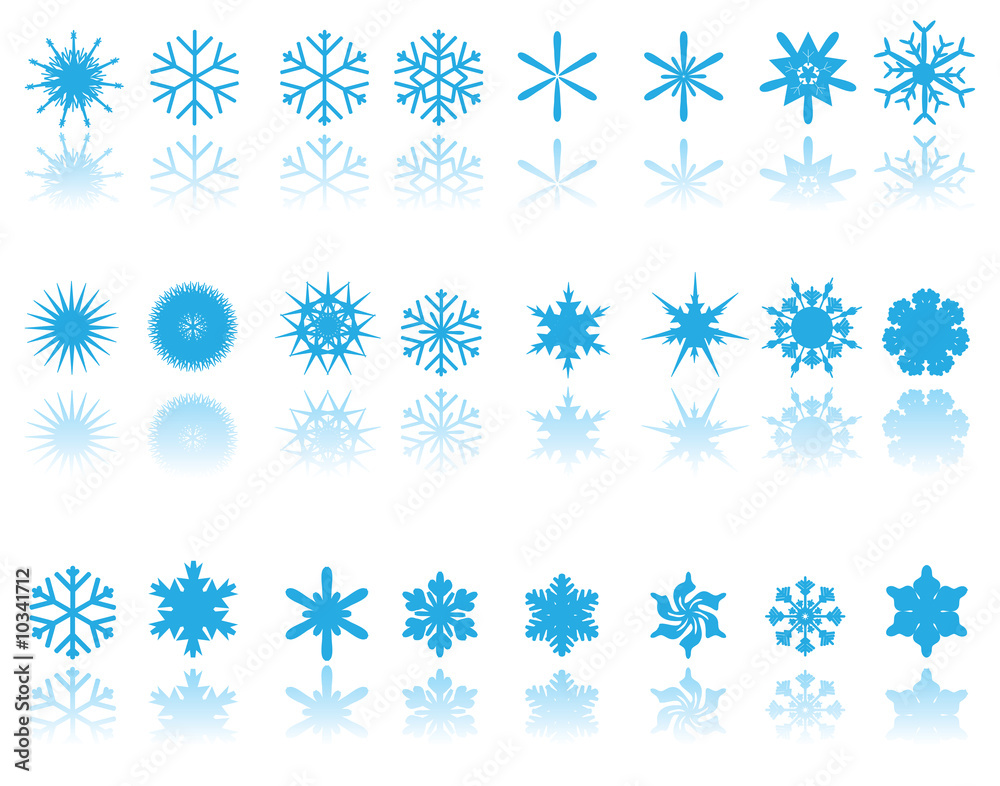 blue snowflakes on white background with reflection blue snowflakes on white background with reflection