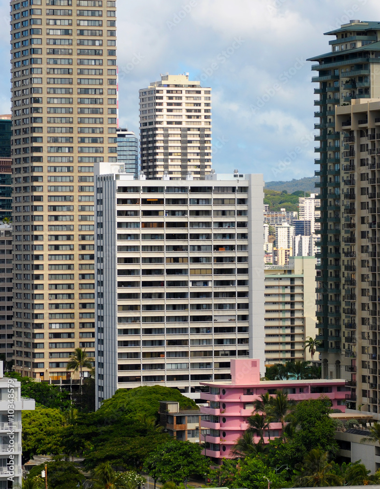 Little pink hotel among the towers just off Waikiki Beach