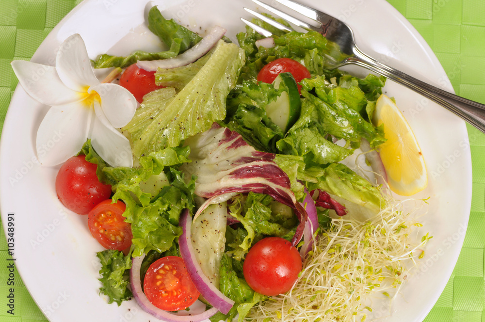 Plate of green salad with fork and plumeria flower garnish